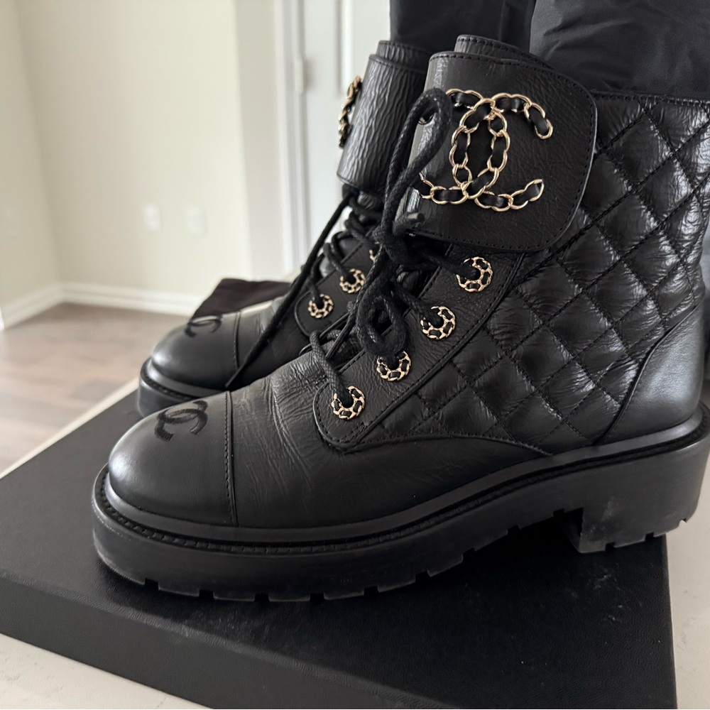 CHANEL Black Leather Boots with Gold Accents - Picture 2 of 12